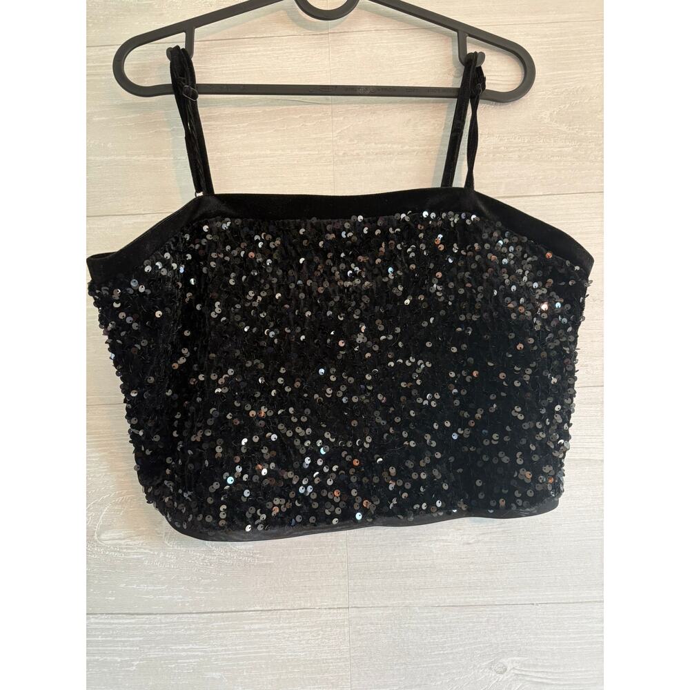 Allegra K Womens Sequined Velvet Spaghetti Strap Cami Crop Top, Black - Picture 1 of 3